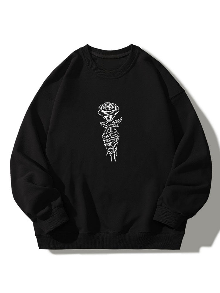 Rose Skull Hand Print Crew Neck Relaxed Sweatshirt