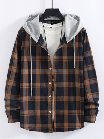 Plaid Contrast Hooded Shirt