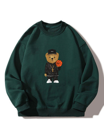 Basketball Bear Print Crew Neck Relaxed Sweatshirt